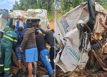 Risco de explosão: capotamento de caminhão-tanque na AM-010 derrama combustível na pista