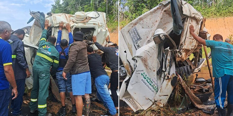 Risco de explosão: capotamento de caminhão-tanque na AM-010 derrama combustível na pista