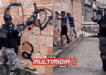 Vídeo – Rocam usa tinta spray para cobrir pichação feita por traficantes do CV